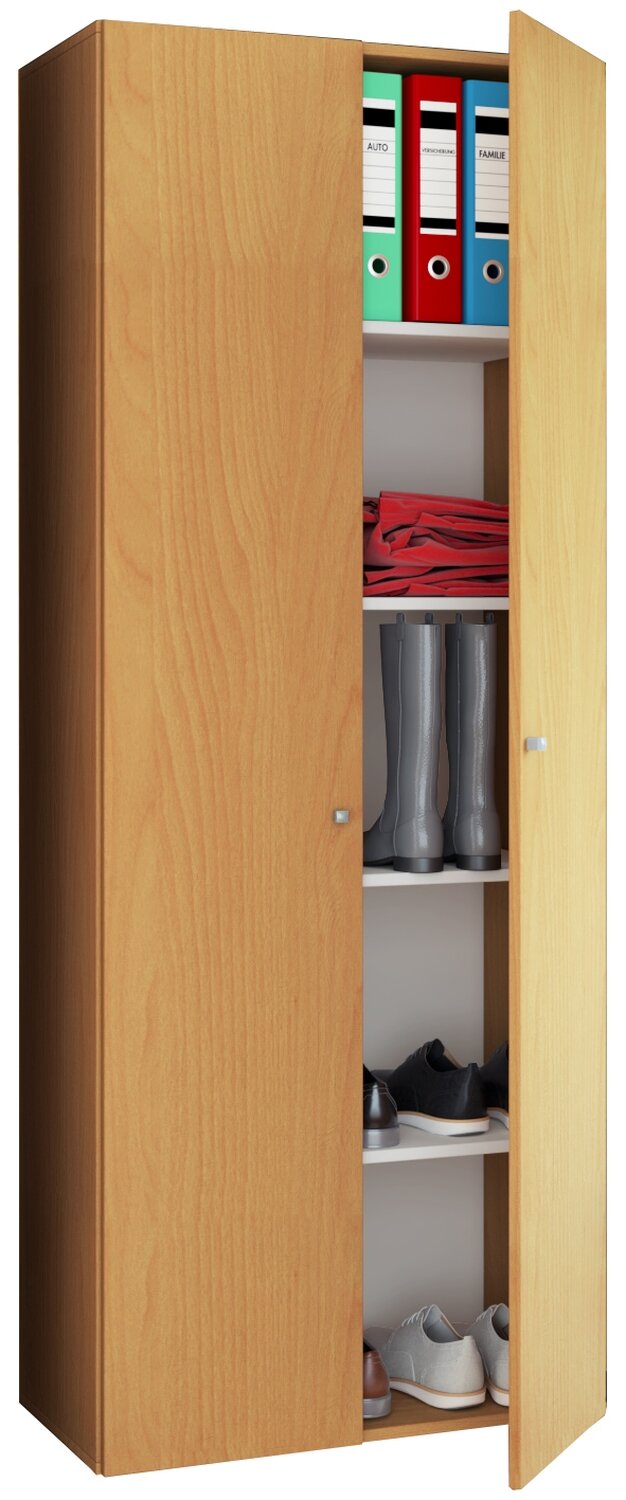 Hoher Holzschrank mit teilweise geöffneten Türen, Innenfächer mit Ordnern und Schuhen, in leichter Frontansicht schräg von rechts