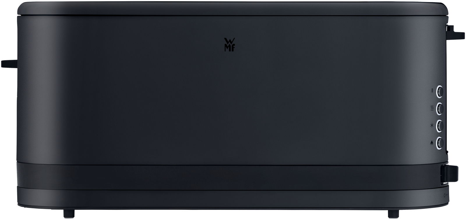 Langschlitztoaster in tiefschwarz, Seitenansicht mit Bedienelementen sichtbar