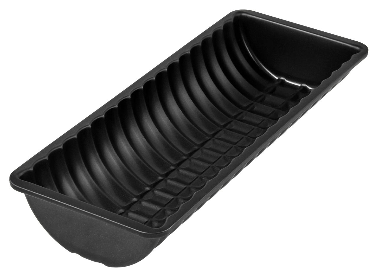 Schwarze Rehrückenform aus Kunststoff, 30 cm lang, mit gerippter Innenfläche, seitliche Perspektive