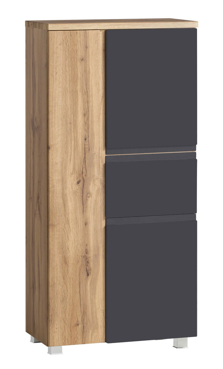 Midischrank 65 cm in Holzoptik mit dunklen Fronten, seitliche Perspektive