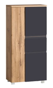 Midischrank 65 cm in Holzoptik mit dunklen Fronten, seitliche Perspektive