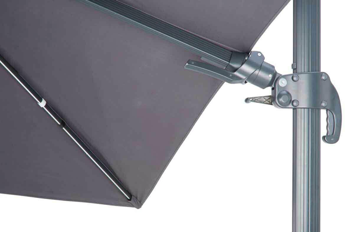 Nahaufnahme eines grauen Ampelschirms mit Kurbelmechanismus und robustem Gestell.