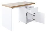 Moderner Schreibtisch mit Holzplatte und weißem Korpus, Schublade und Schranktür geöffnet, seitliche Perspektive