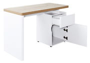 Moderner Schreibtisch mit Holzplatte und weißem Korpus, Schublade und Schranktür geöffnet, seitliche Perspektive
