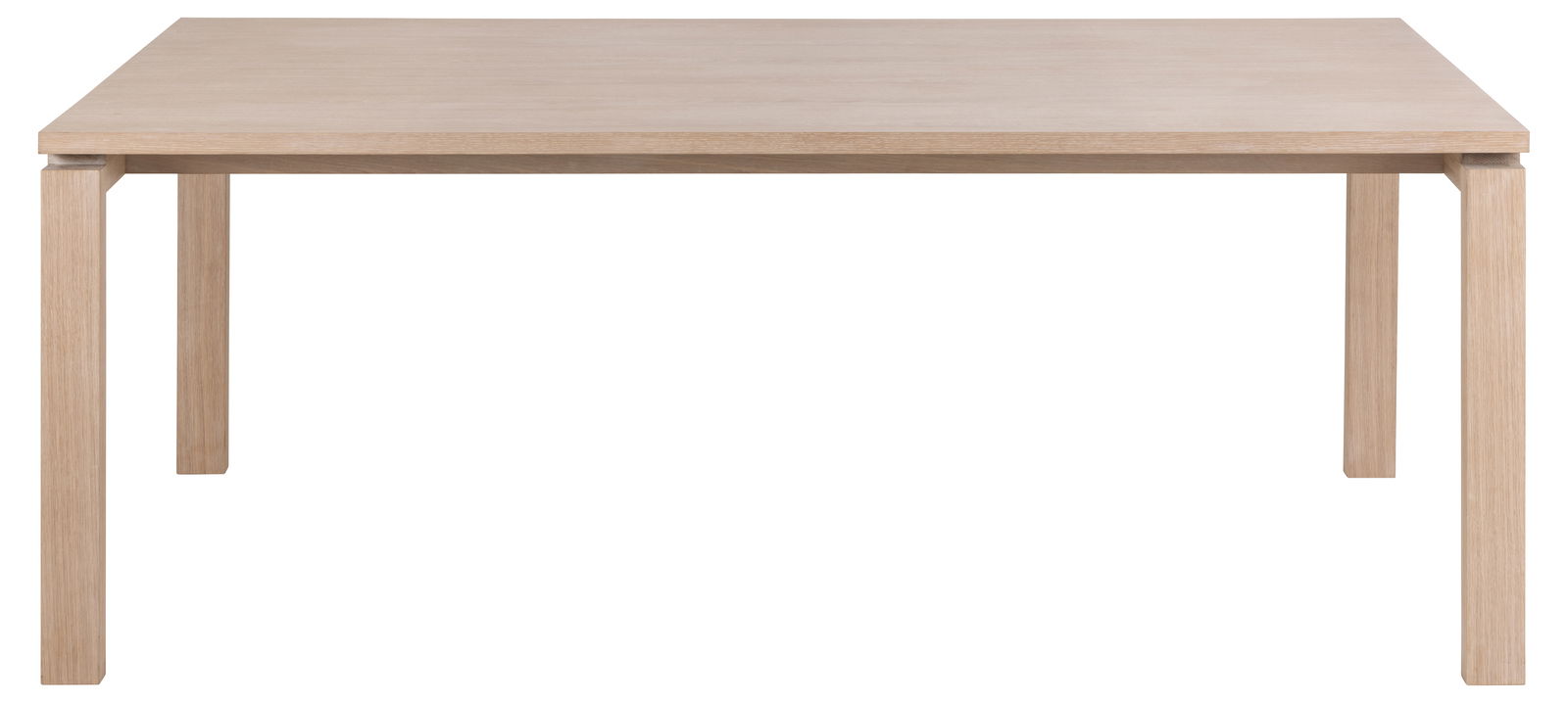 Moderner Esstisch aus hellem Holz, frontal betrachtet.