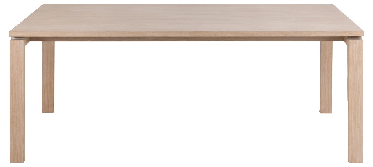 Moderner Esstisch aus hellem Holz, frontal betrachtet.