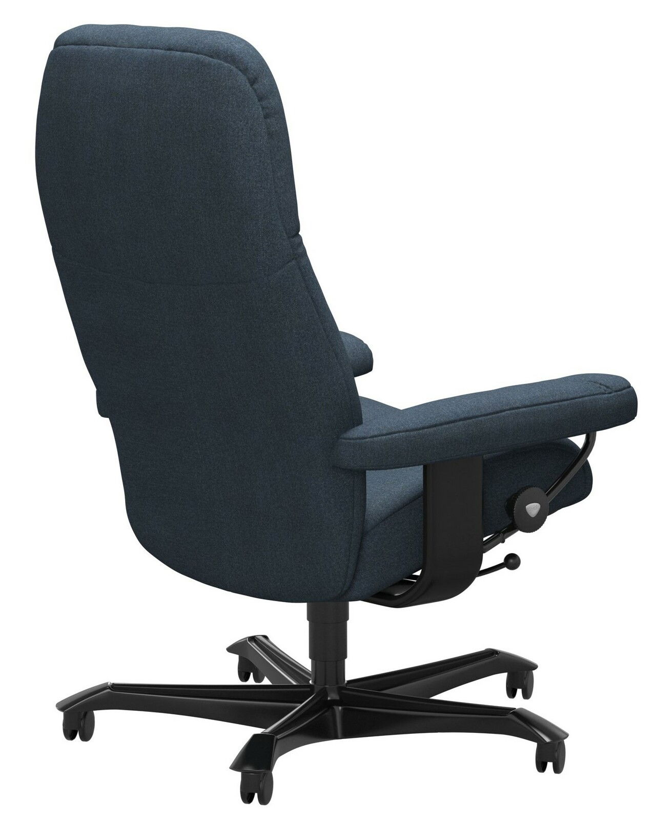 Rückansicht eines Chefsessels mit dunkelblauem Stoffbezug und schwarzem Drehfuß auf Rollen.