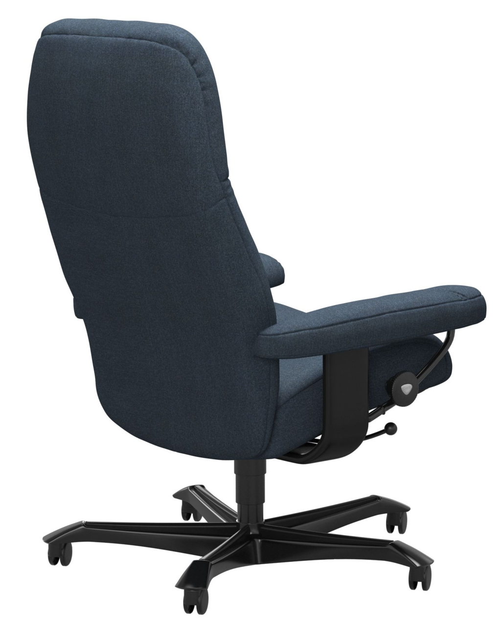 Rückansicht eines Chefsessels mit dunkelblauem Stoffbezug und schwarzem Drehfuß auf Rollen.
