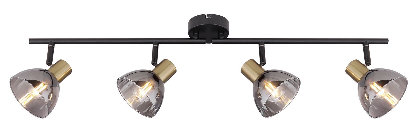 Moderner Strahler aus Metall in Schwarz mit vier verstellbaren Leuchten, seitliche Perspektive.