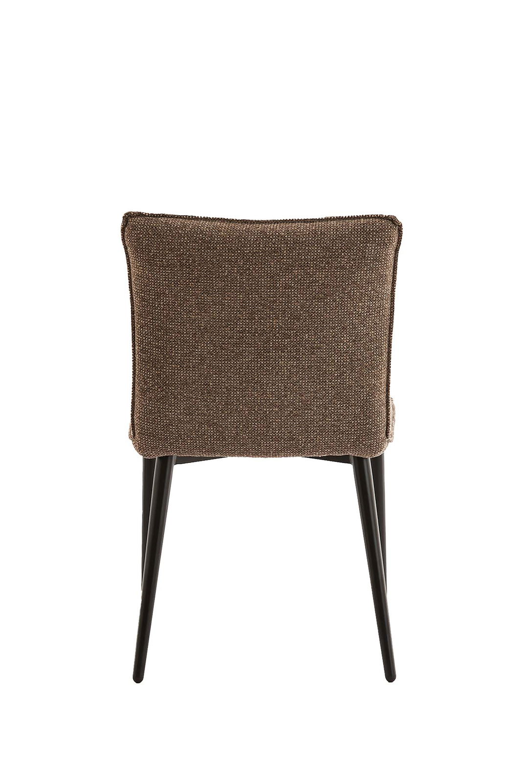 Rückansicht eines braunen Stuhls mit schwarzen Beinen