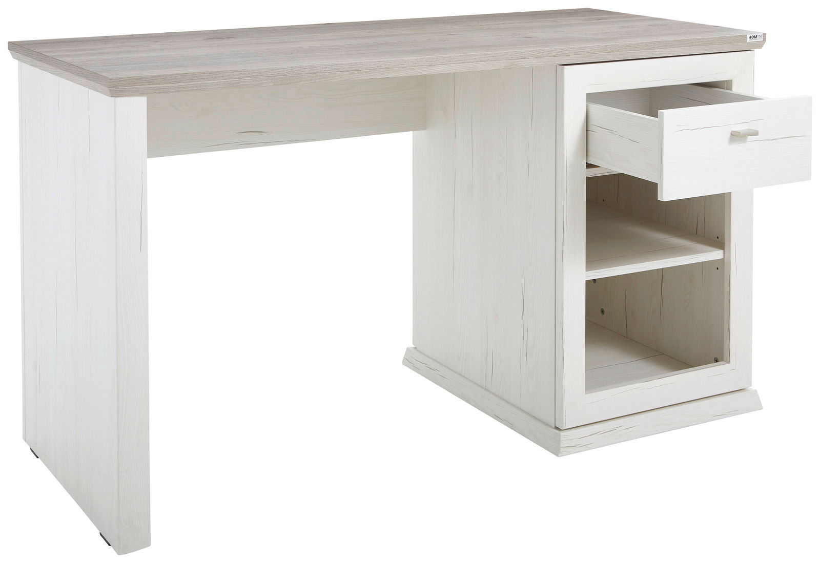 Moderner Schreibtisch mit weißem Korpus und Holzoberfläche, Schublade und offenen Regalfächern, seitliche Perspektive