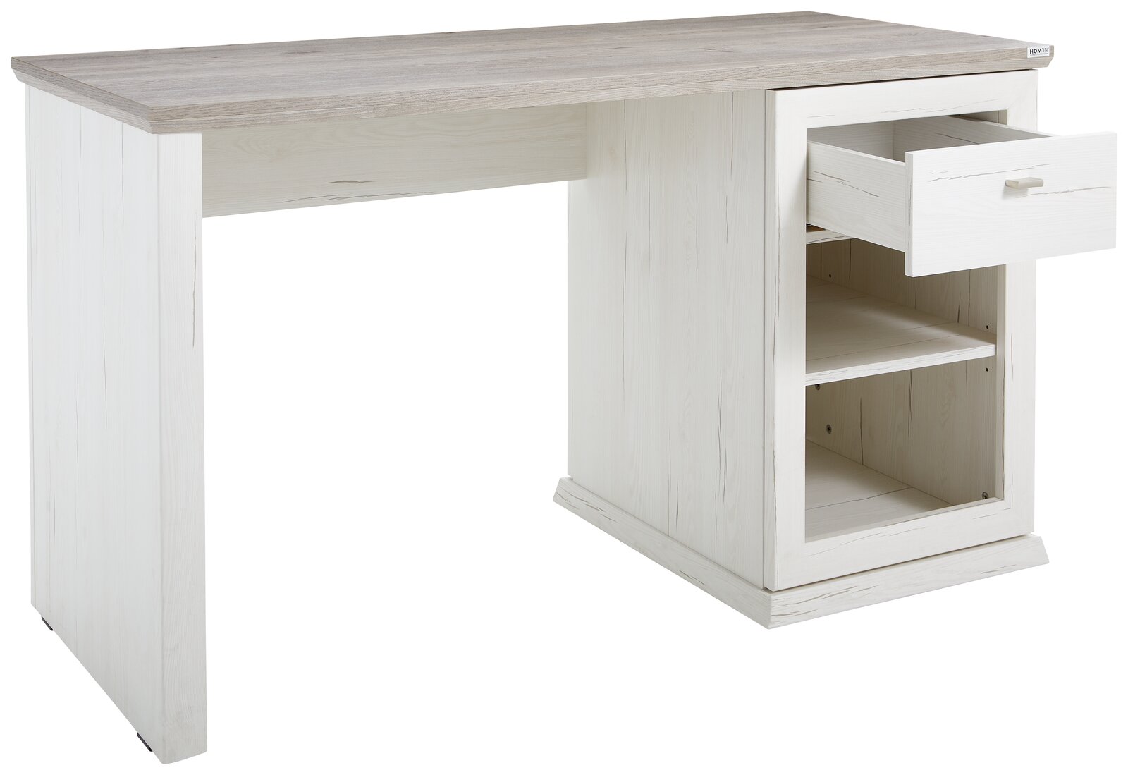 Moderner Schreibtisch mit weißem Korpus und Holzoberfläche, Schublade und offenen Regalfächern, seitliche Perspektive