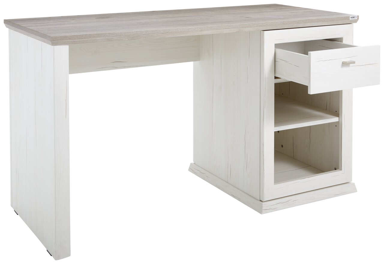 Moderner Schreibtisch mit weißem Korpus und Holzoberfläche, Schublade und offenen Regalfächern, seitliche Perspektive