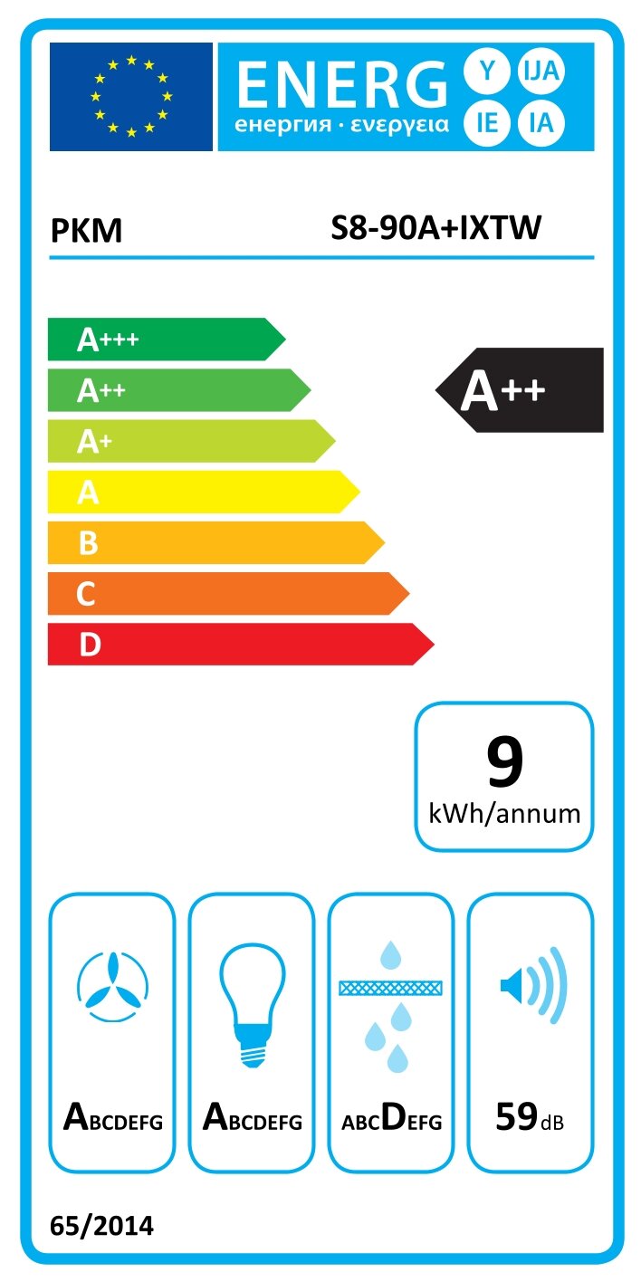 EU-Energielabel für PKM S8-90A+IXTW mit Energieeffizienzklasse A++, Jahresverbrauch 9 kWh/annum und Geräuschpegel 59 dB; frontale Ansicht.