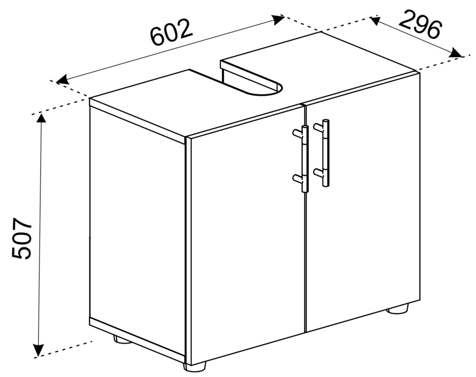 Technische Strichzeichnung eines Unterschranks mit zwei Türen und Griffen sowie Aussparung oben; Maße ca. 602 × 296 × 507 mm, dargestellt in schräger Perspektive von vorn oben.