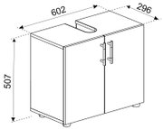 Technische Strichzeichnung eines Unterschranks mit zwei Türen und Griffen sowie Aussparung oben; Maße ca. 602 × 296 × 507 mm, dargestellt in schräger Perspektive von vorn oben.