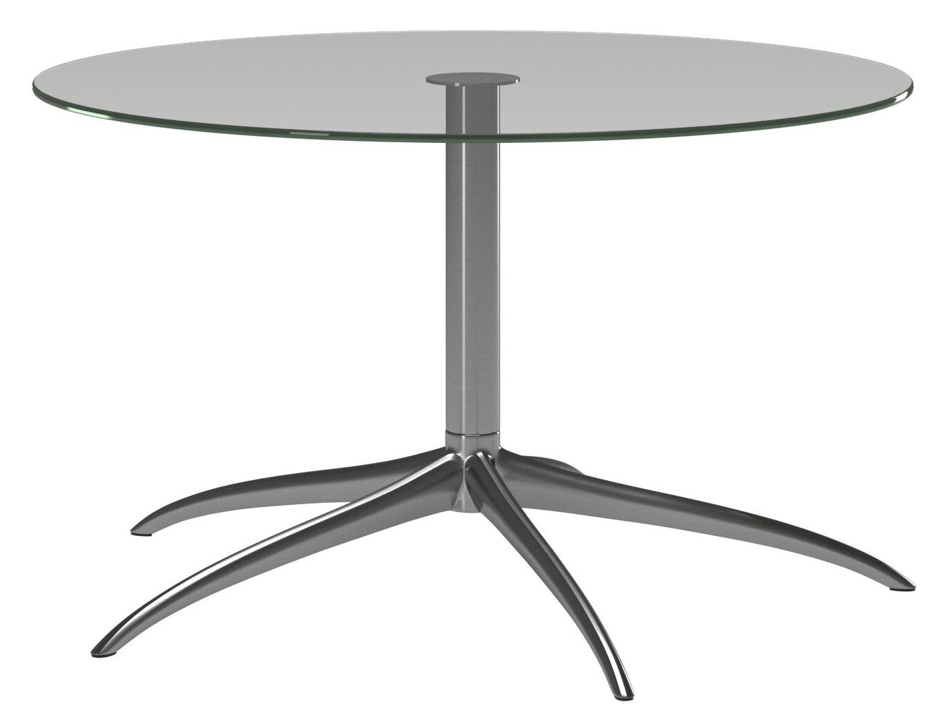 Moderner runder Couchtisch mit Glasplatte und metallischem Standfuß, seitliche Perspektive