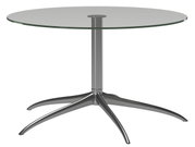 Moderner runder Couchtisch mit Glasplatte und metallischem Standfuß, seitliche Perspektive