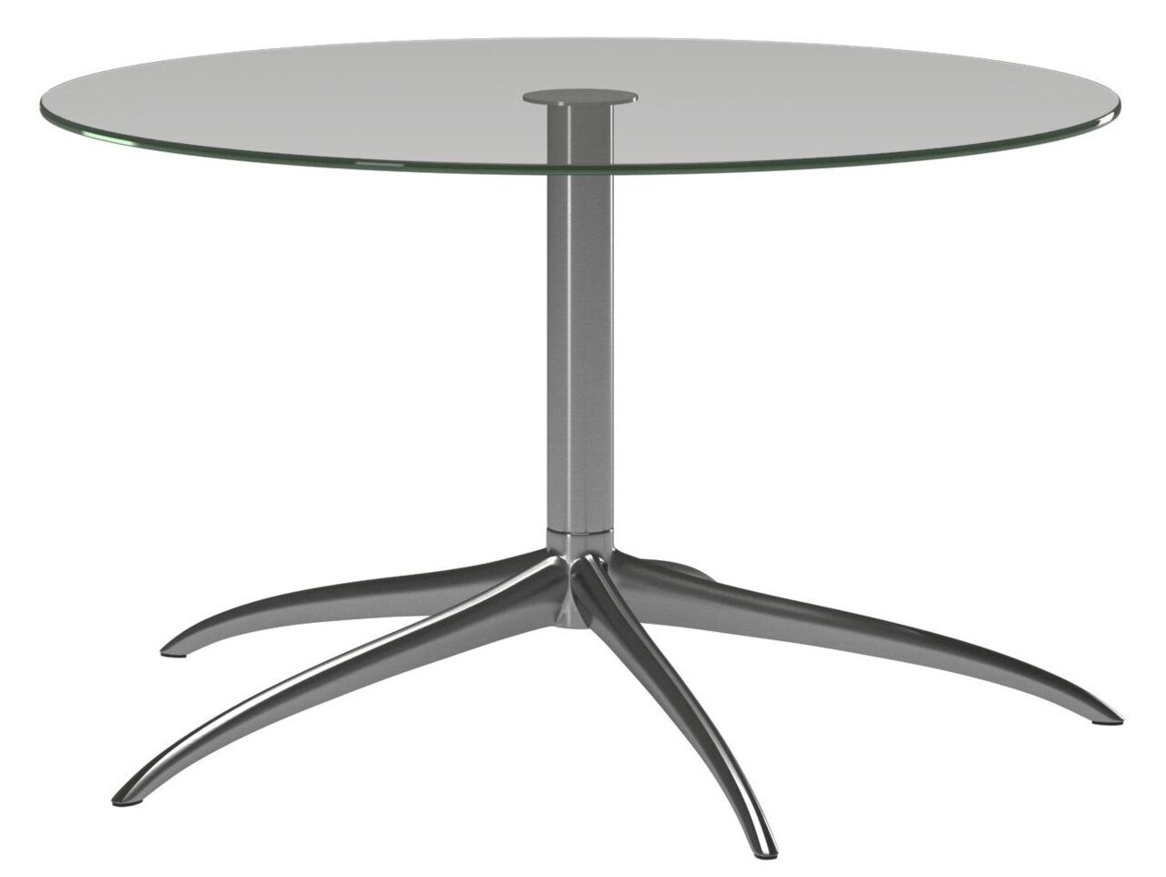 Moderne ronde salontafel met glazen blad en metalen onderstel, zijaanzicht