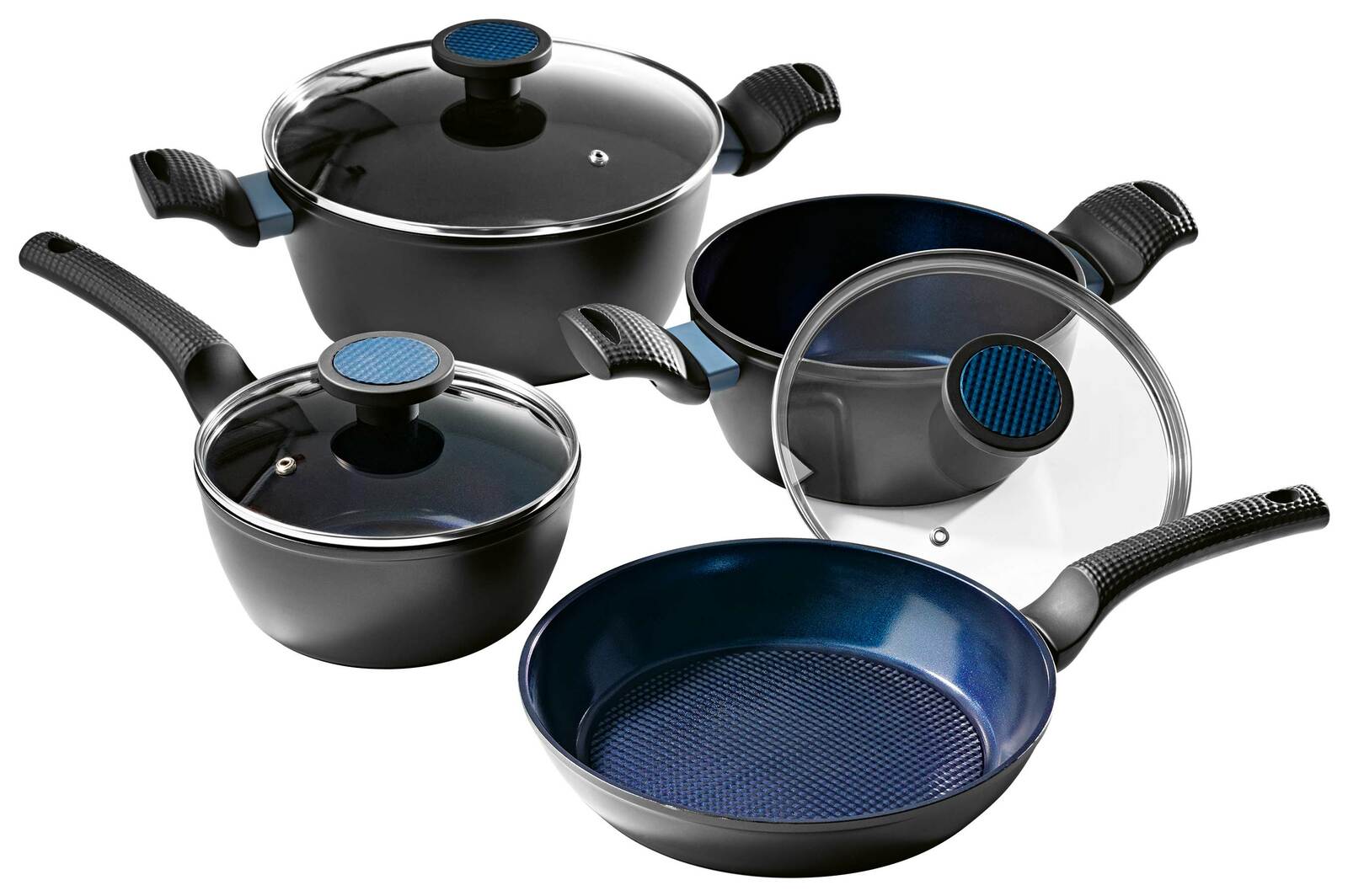 Topfset 7-tlg. in schwarzer Farbe mit blauen Akzenten, bestehend aus Töpfen und Pfannen mit Glasdeckeln, aus einer leicht erhöhten Perspektive fotografiert.