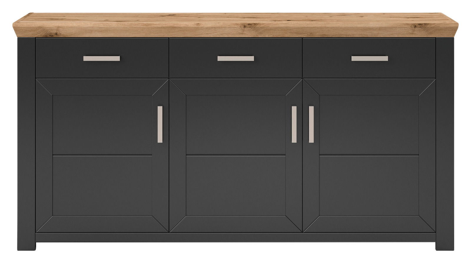 Frontale Ansicht eines modernen Sideboards mit dunkler Oberfläche und heller Holzplatte, drei Schubladen und drei Türen mit silbernen Griffen.