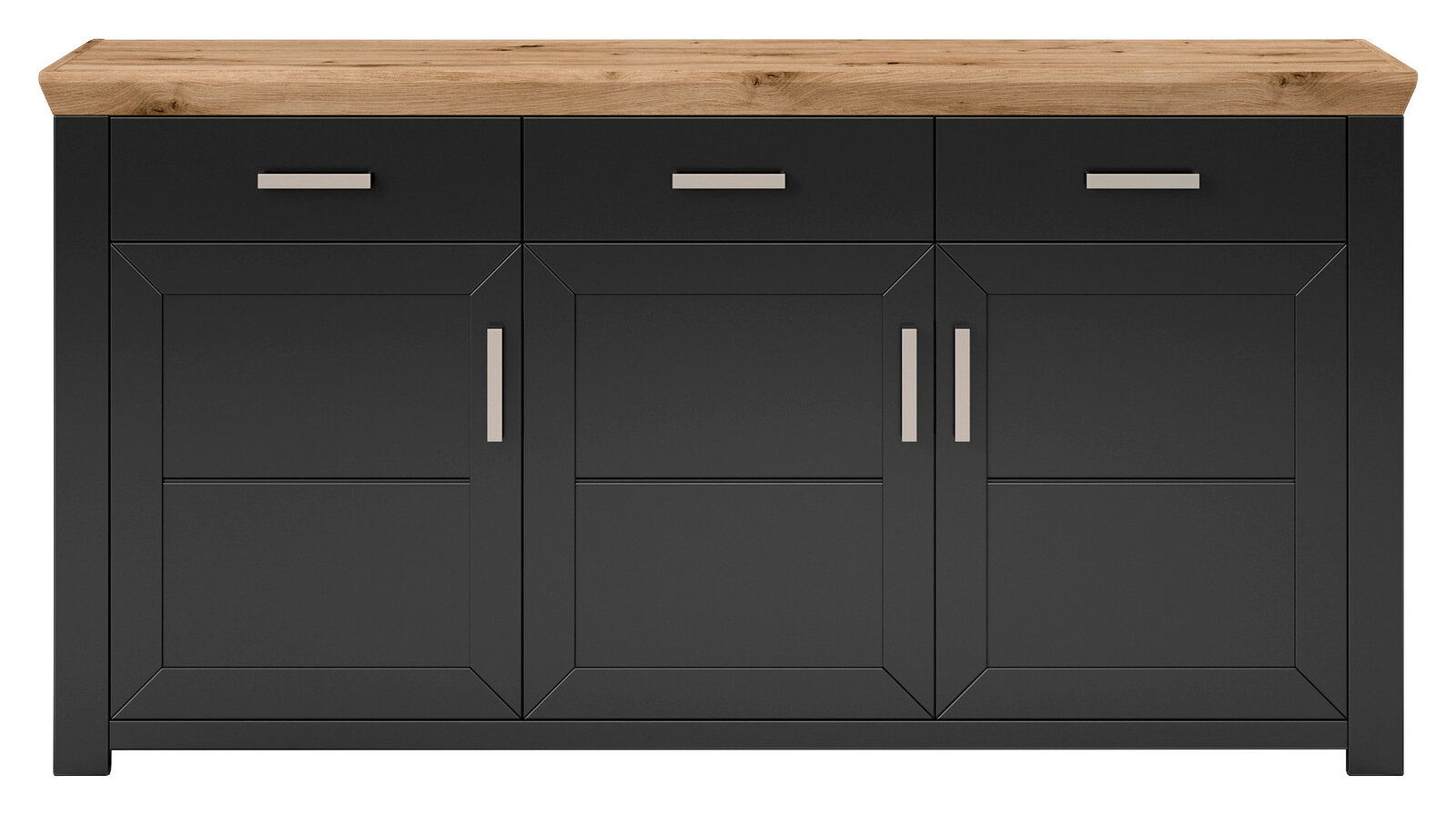 Frontale Ansicht eines modernen Sideboards mit dunkler Oberfläche und heller Holzplatte, drei Schubladen und drei Türen mit silbernen Griffen.