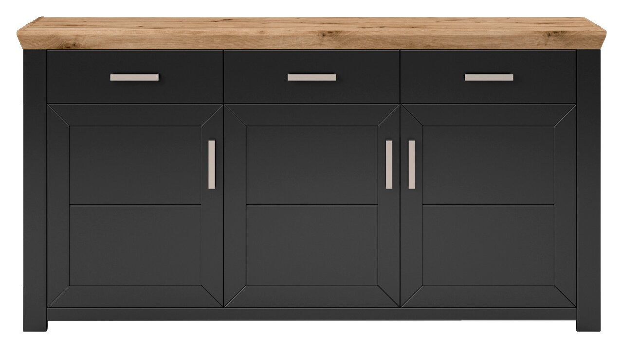 Frontale Ansicht eines modernen Sideboards mit dunkler Oberfläche und heller Holzplatte, drei Schubladen und drei Türen mit silbernen Griffen.
