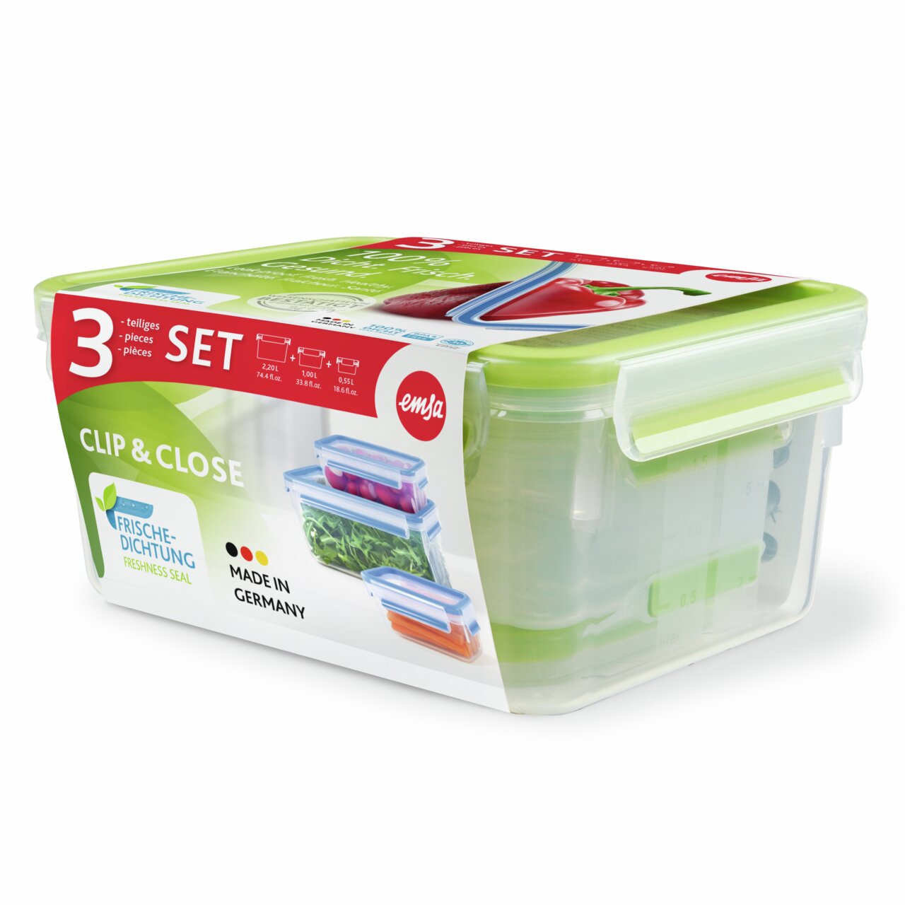 CLIP&CLOSE set van 3 vershoudbakjes met vershoudrand, zijaanzicht, Made in Germany