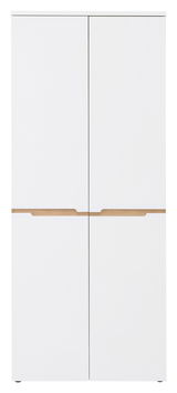 Moderner, weißer XL-Schuhschrank mit Holzdetails, frontal abgebildet.