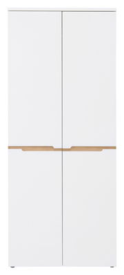 Moderner, weißer XL-Schuhschrank mit Holzdetails, frontal abgebildet.