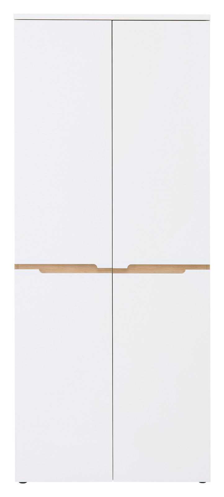 Moderner, weißer XL-Schuhschrank mit Holzdetails, frontal abgebildet.