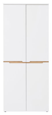 Moderner, weißer XL-Schuhschrank mit Holzdetails, frontal abgebildet.