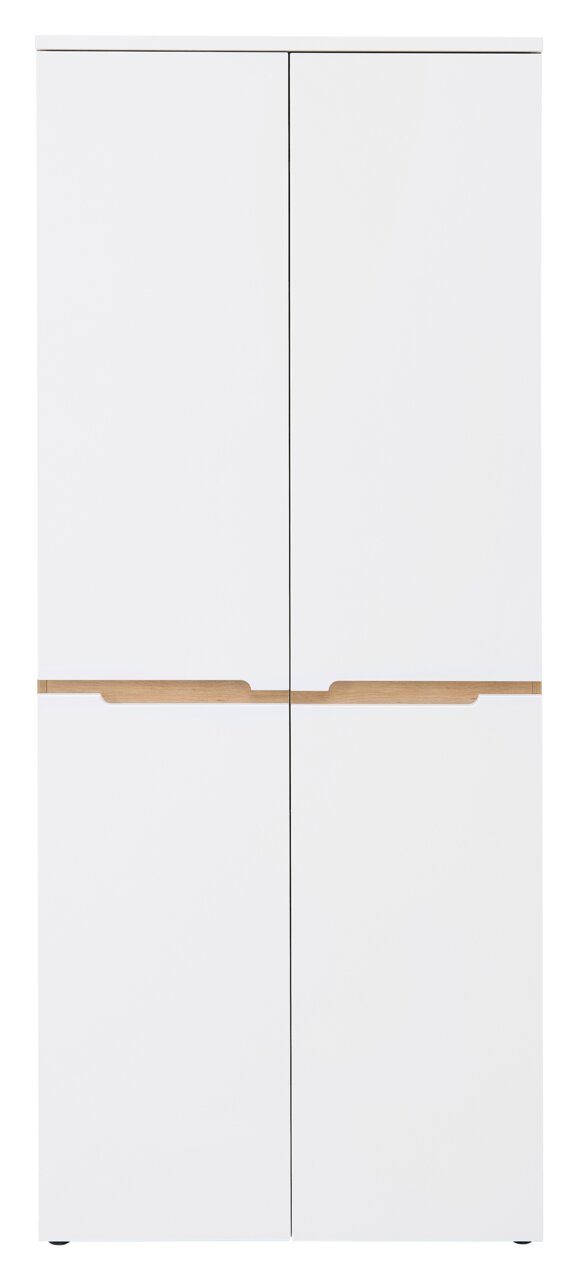 Moderne, witte XL-schoenenkast met houten details, afgebeeld van voren.
