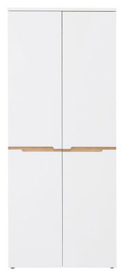 Moderne, witte XL-schoenenkast met houten details, afgebeeld van voren.