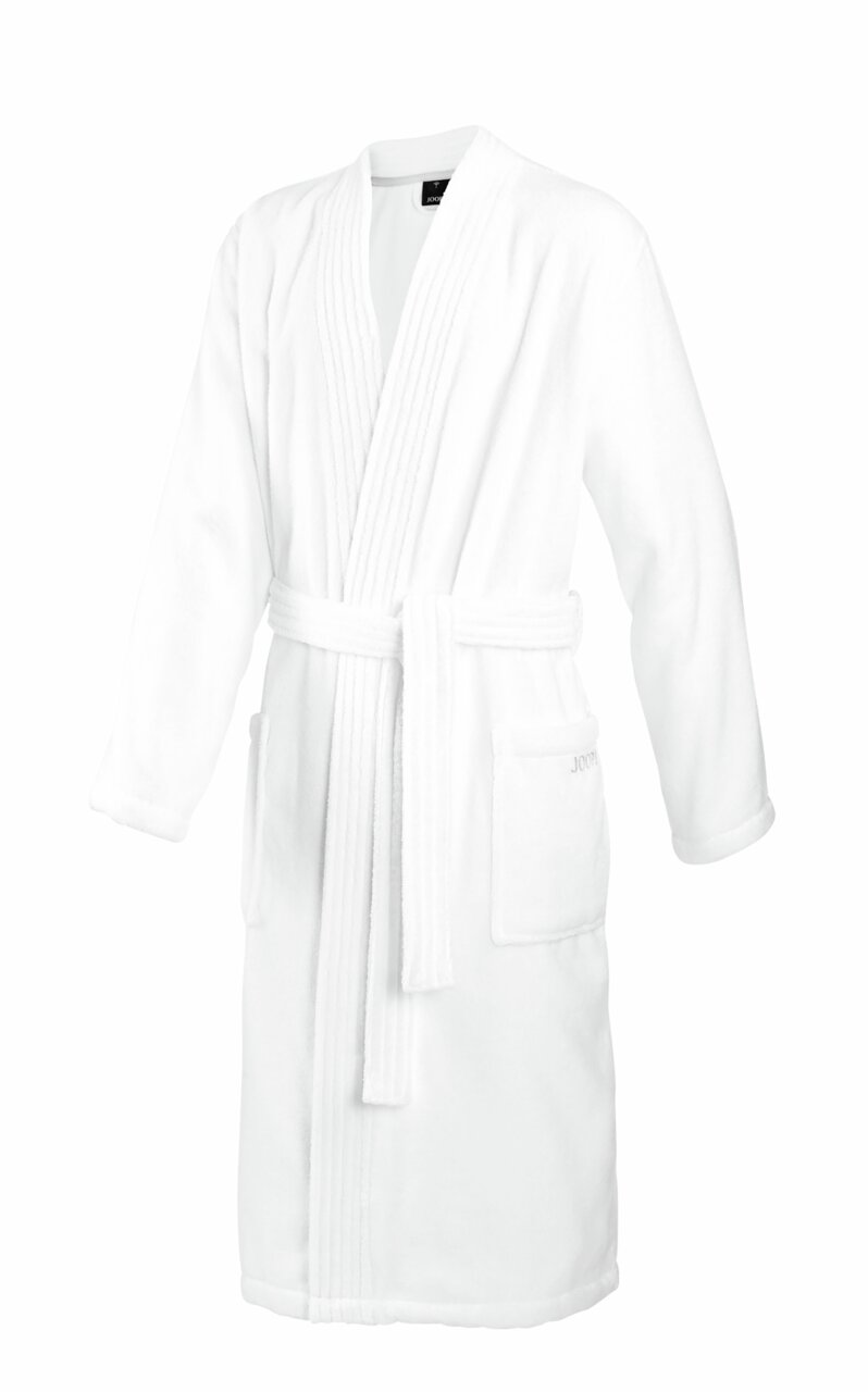 Weißer Kimono in Größe 54/56, Vorderansicht, mit Gürtel und Taschen.