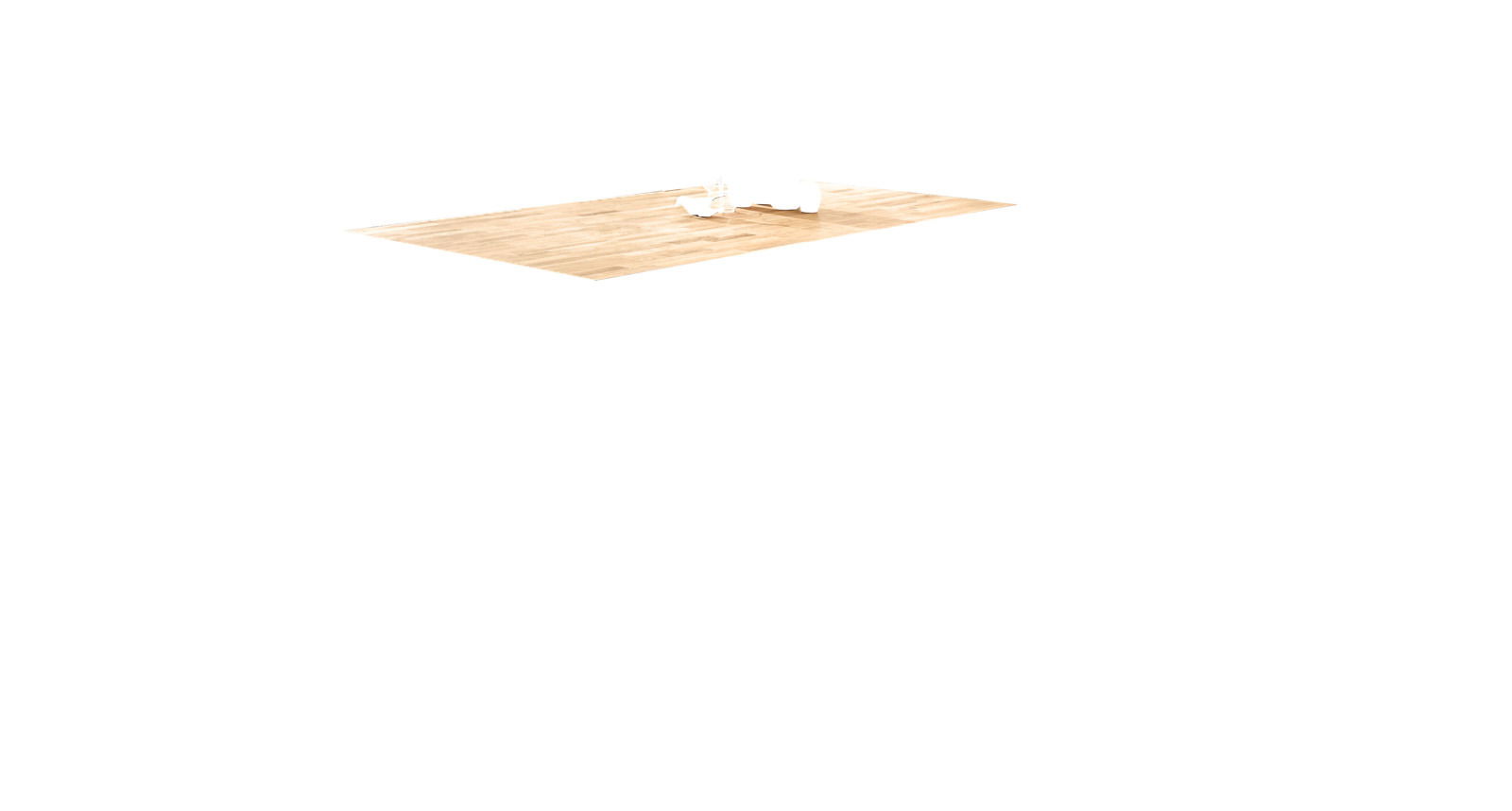 Moderner Esstisch mit Holzplatte und Metallbeinen, umgeben von braunen Stühlen und einer Holzbank, in einem hellen Raum mit großen Fenstern, aus seitlicher Perspektive.