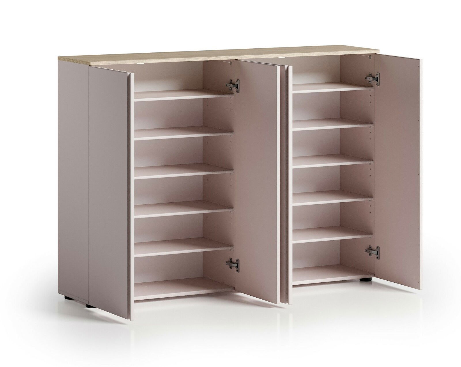 Geöffneter XXL-Schuhschrank mit mehreren Regalböden, frontal betrachtet