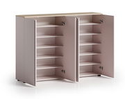 Geöffneter XXL-Schuhschrank mit mehreren Regalböden, frontal betrachtet