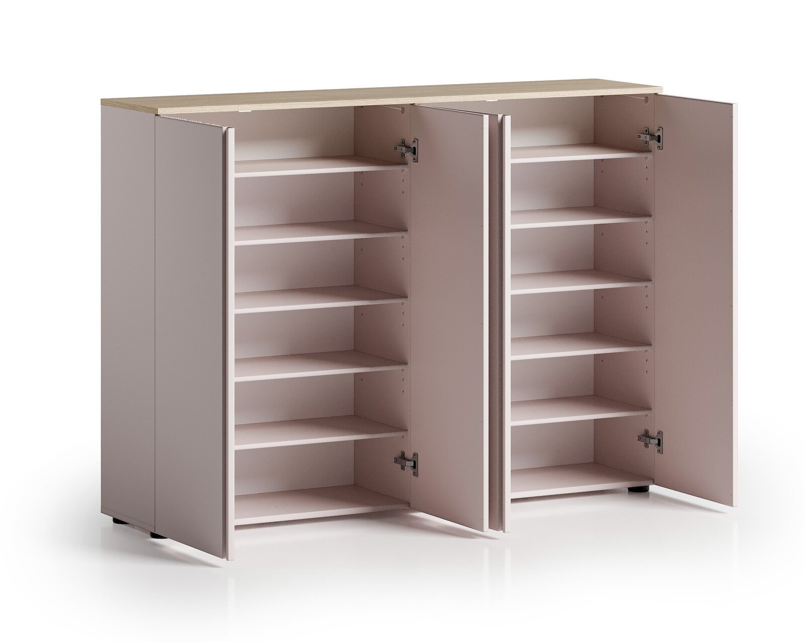 Geöffneter XXL-Schuhschrank mit mehreren Regalböden, frontal betrachtet