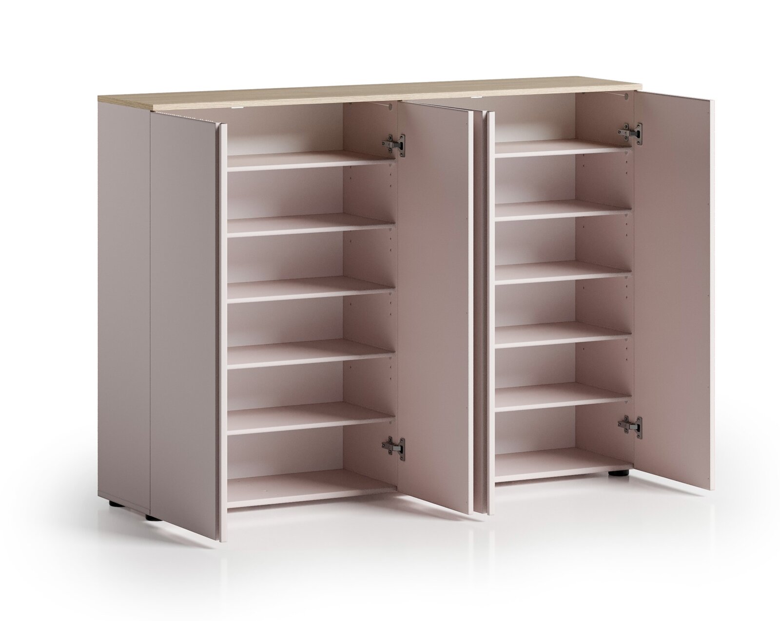 Geöffneter XXL-Schuhschrank mit mehreren Regalböden, frontal betrachtet