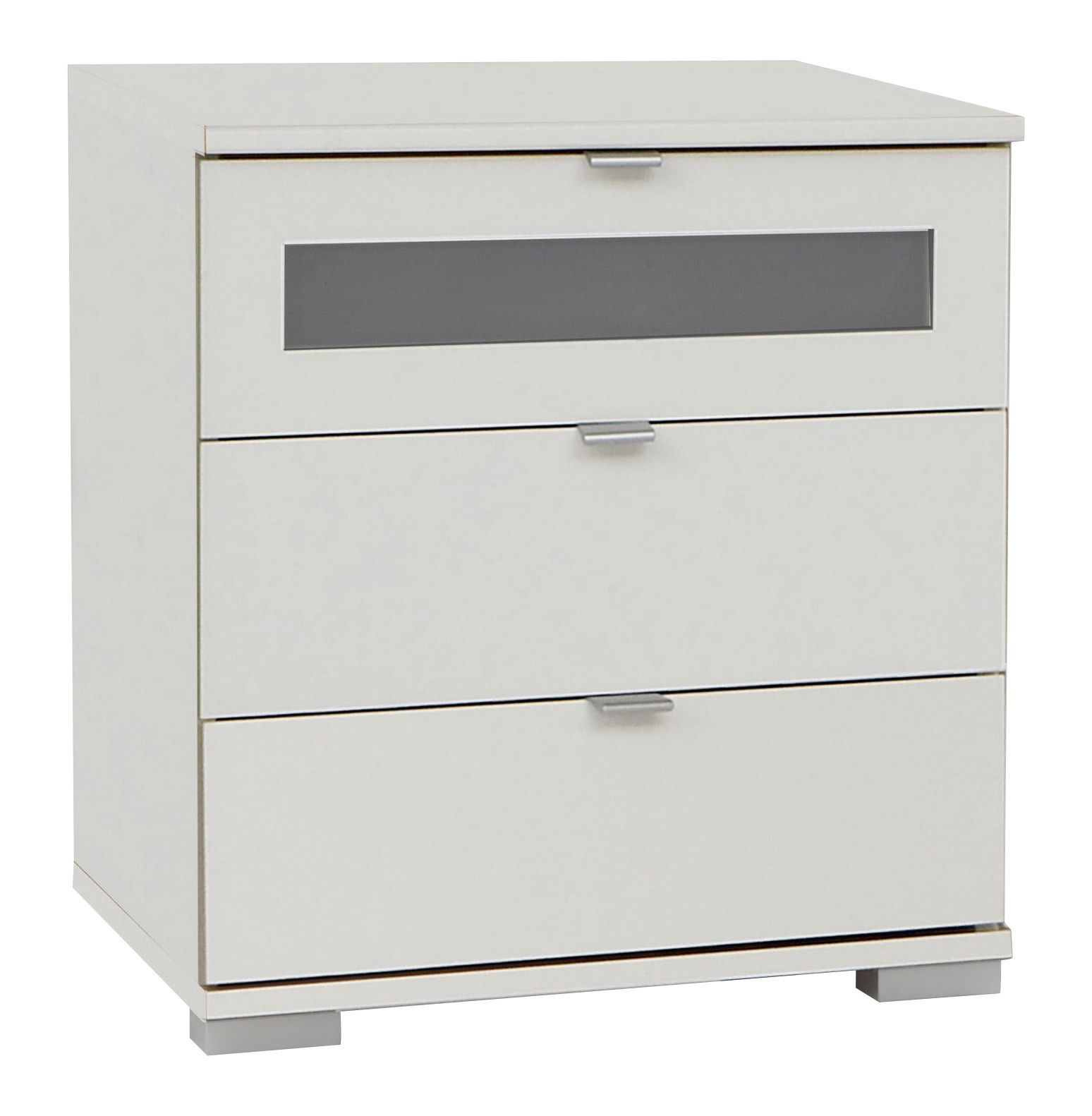 Weiße Nachtkonsole mit drei Schubladen, Frontansicht