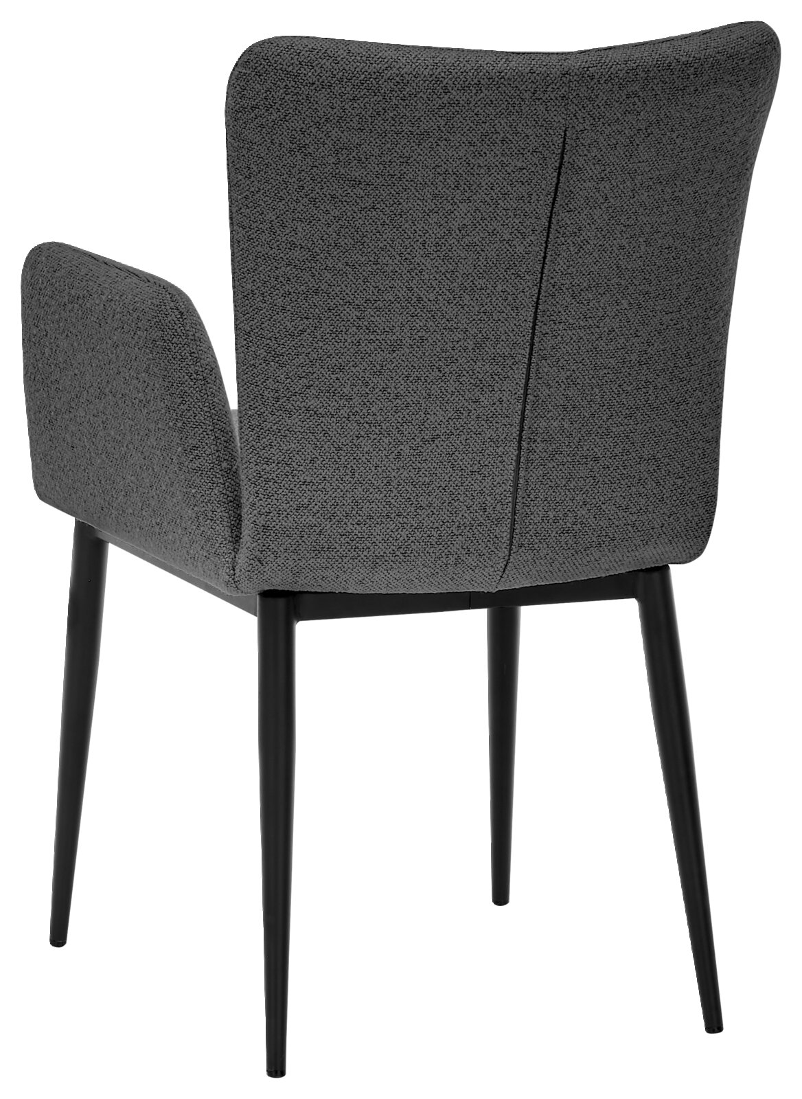Achterkant van een grijze fauteuil met slanke zwarte poten