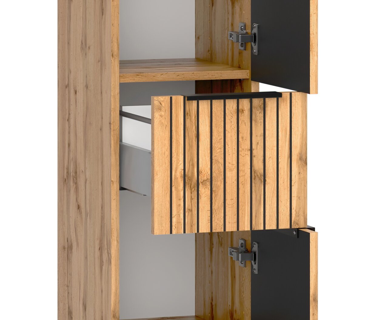 Midischrank 30 cm in Holzoptik mit geöffneter Tür und Schublade, seitliche Perspektive