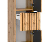 Midischrank 30 cm in Holzoptik mit geöffneter Tür und Schublade, seitliche Perspektive