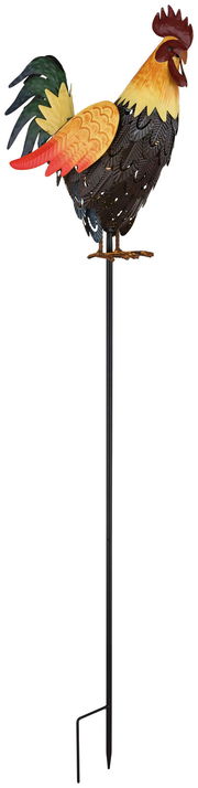 Bunte Solarleuchte in Form eines Hahns, seitliche Perspektive