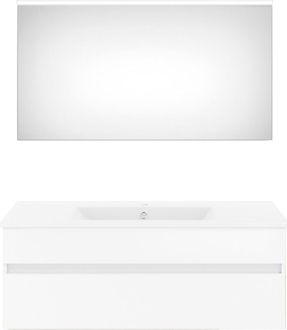 Moderne Badkombination mit großem rechteckigem Spiegel und weißem Waschtisch, Frontalansicht.