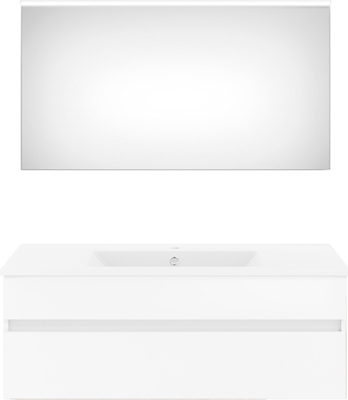 Puris Badkombination GET2YOU 21 Moderne Badkombination mit großem rechteckigem Spiegel und weißem Waschtisch, Frontalansicht.