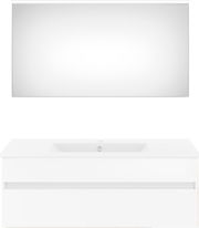 Moderne Badkombination mit großem rechteckigem Spiegel und weißem Waschtisch, Frontalansicht.