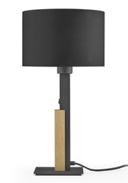 Moderne Tischleuchte mit schwarzem Lampenschirm und Holzdetail, seitliche Perspektive