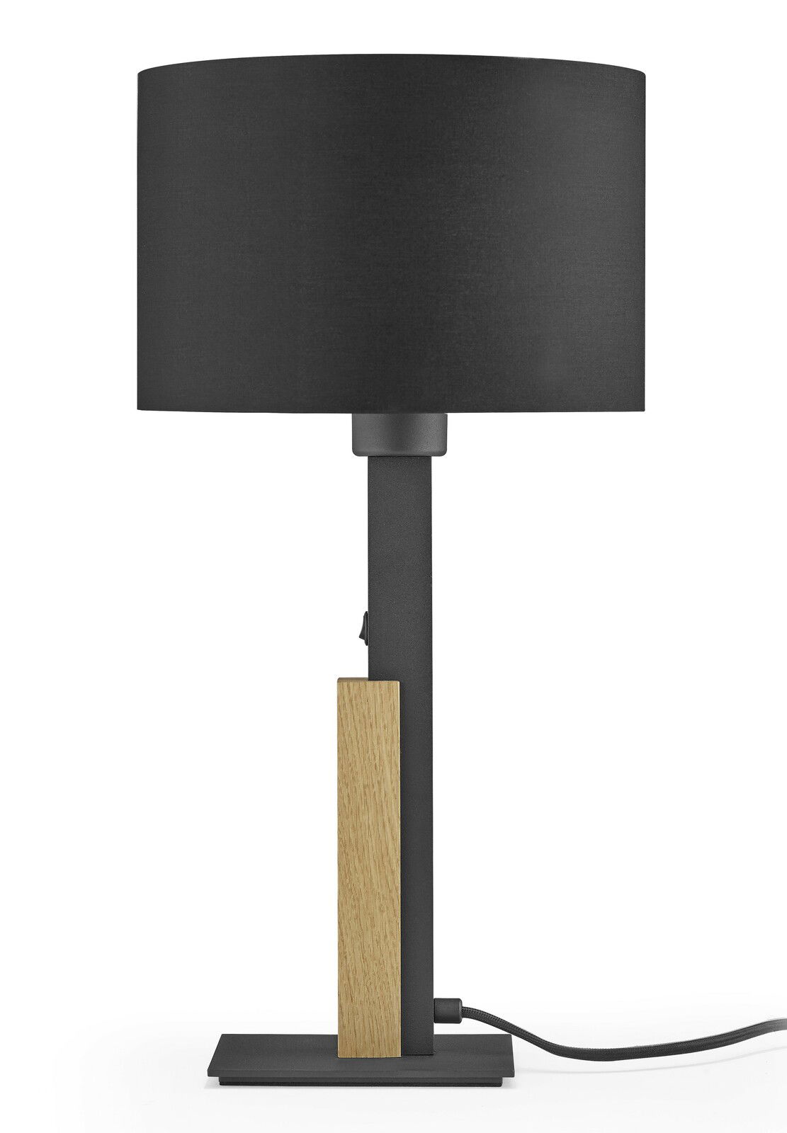 Moderne Tischleuchte mit schwarzem Lampenschirm und Holzdetail, seitliche Perspektive
